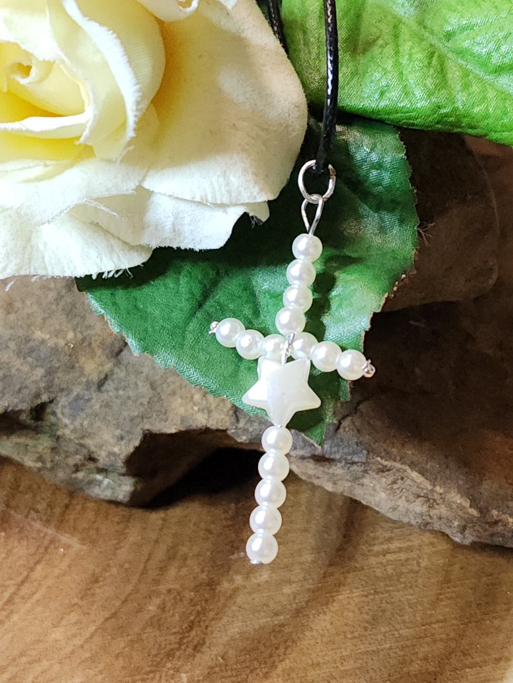 Faux Pearl Cross Pendant Necklace with Star Accent - White